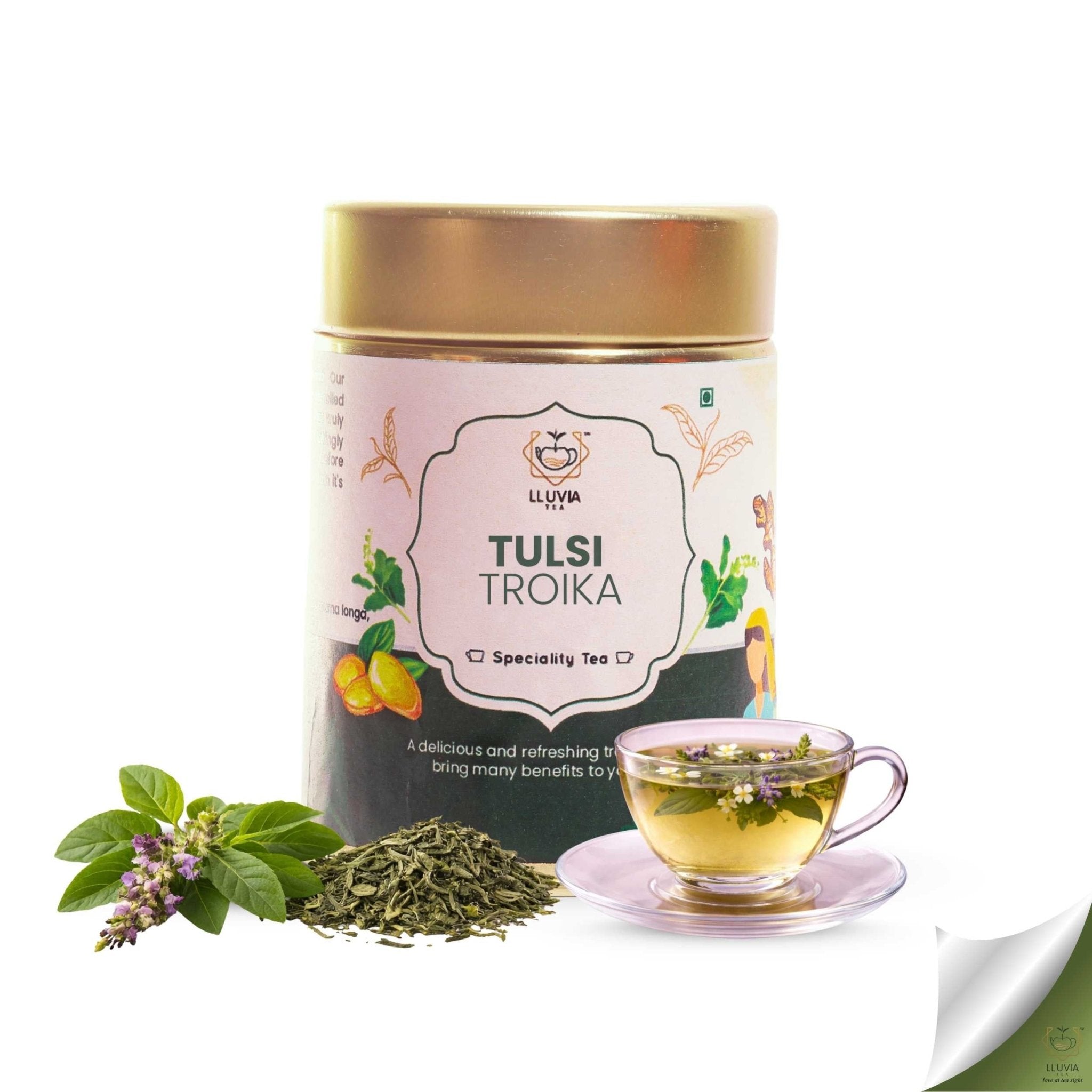 Tulsi Troika – Treats Respiratory Issues, Digestion & Stress – 50g – Tea on Brown Living™. SKU: CCTin50New. Img 1.