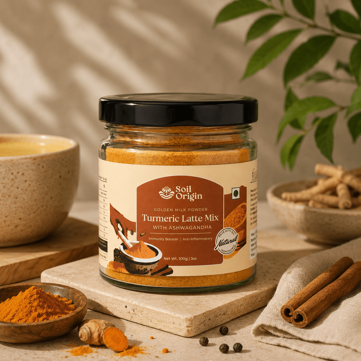 Turmeric Latte Mix | Spiced Herbal Drink Mix | 100 g – Health & Energy Drinks on Brown Living™. SKU: SOS0TLM0G100. Img 1.