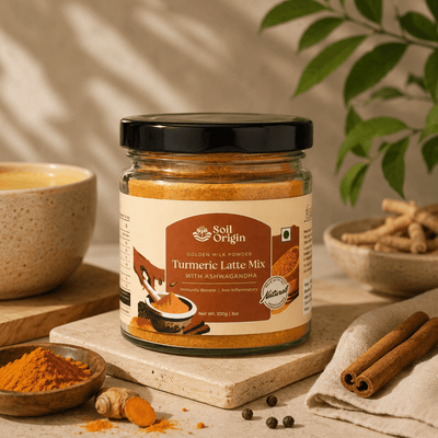 Turmeric Latte Mix | Spiced Herbal Drink Mix | 100 g – Health & Energy Drinks on Brown Living™. SKU: SOS0TLM0G100. Img 1.