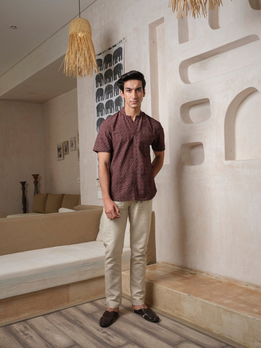 Tusht - Russett Block Print Shirt – Mens Shirt by Vasudhaa Vastrram available on Brown Living™. S . SKU: VBLHS6S001M50005. Img 2.