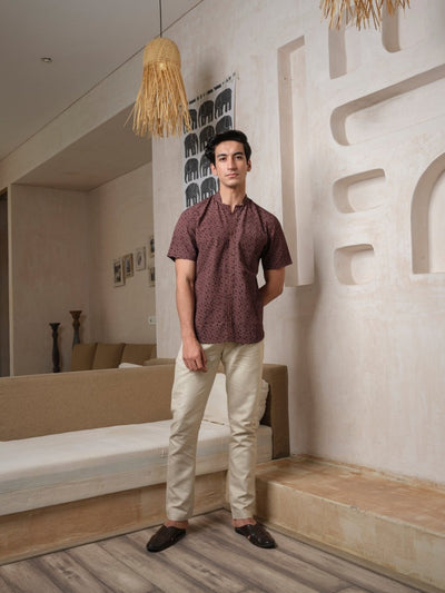 Tusht - Russett Block Print Shirt – Mens Shirt by Vasudhaa Vastrram available on Brown Living™. S . SKU: VBLHS6S001M50005. Img 1.