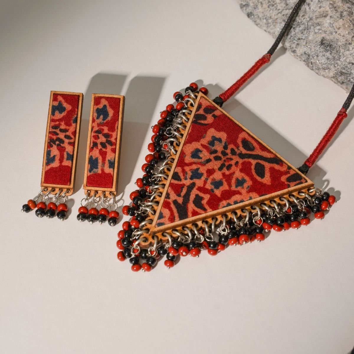 Two in One Multicolor Repurposed Fabric Wood Pendant Earrings Set – Womens Earrings on Brown Living™. SKU: JCC017. Img 3.