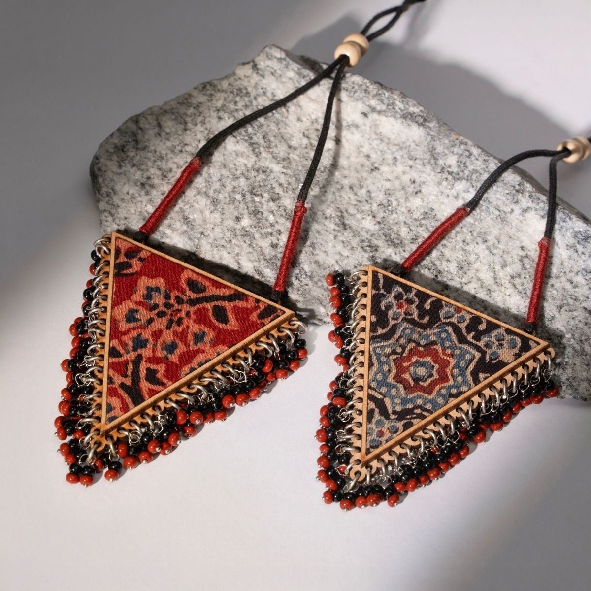 Two in One Multicolor Repurposed Fabric Wood Pendant Earrings Set – Womens Earrings on Brown Living™. SKU: JCC017. Img 2.