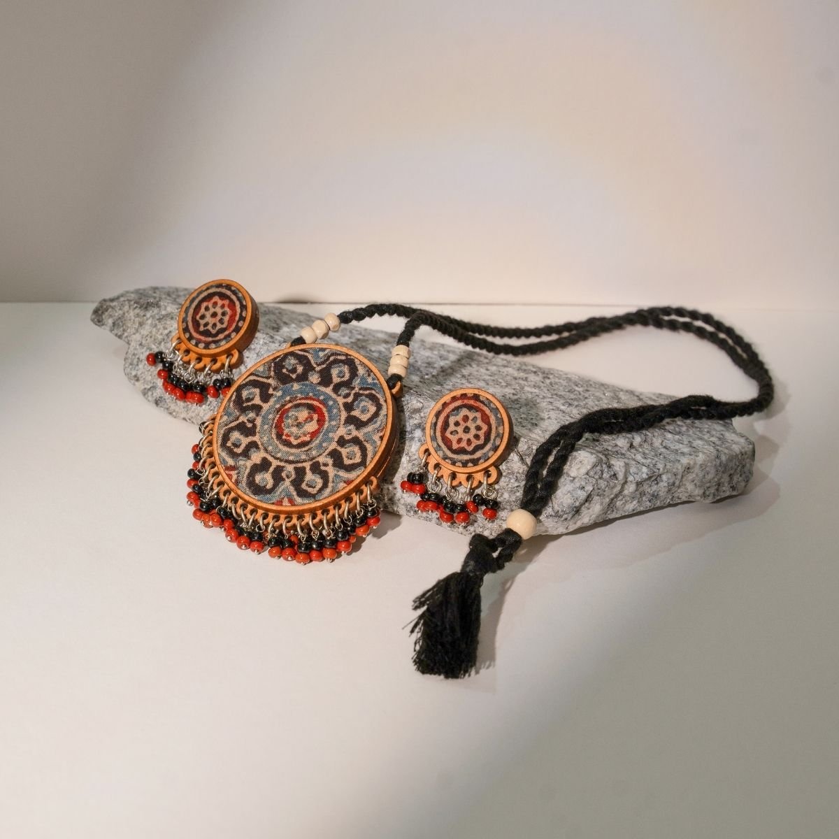 Two in One Repurposed Fabric & Wood Pendant Earrings Set – Womens Earrings on Brown Living™. SKU: JCC035. Img 3.