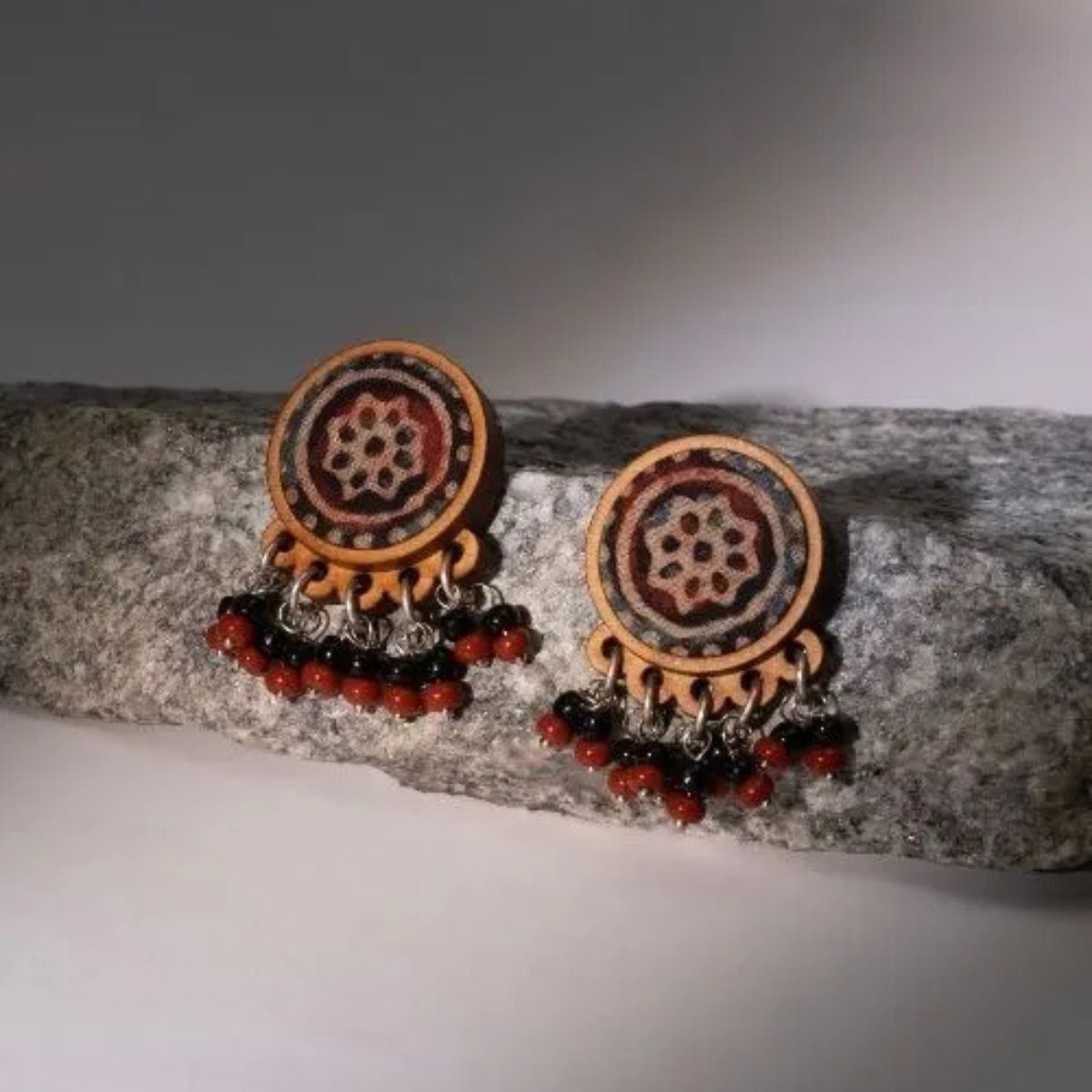 Two in One Repurposed Fabric & Wood Pendant Earrings Set – Womens Earrings on Brown Living™. SKU: JCC035. Img 5.