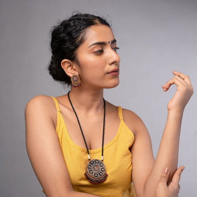 Two in One Repurposed Fabric & Wood Pendant Earrings Set – Womens Earrings on Brown Living™. SKU: JCC035. Img 1.