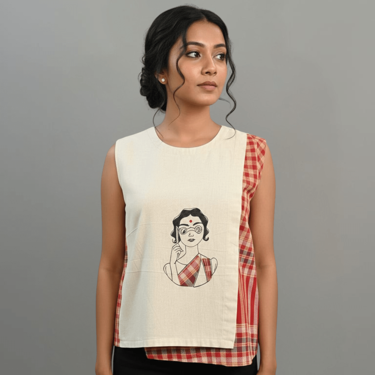 Unbleached Cotton & Gamcha Sleeveless Top — Hand - Painted Charulata – Womens Top on Brown Living™. SKU: ASMC. Img 1.