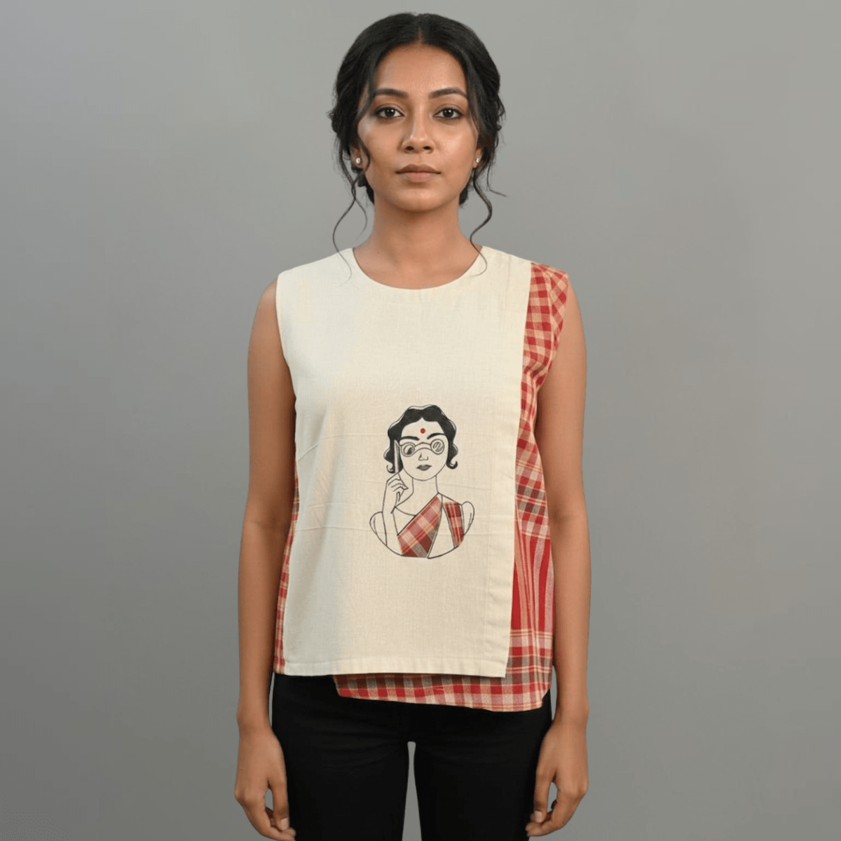 Unbleached Cotton & Gamcha Sleeveless Top — Hand - Painted Charulata – Womens Top on Brown Living™. SKU: ASMC. Img 3.