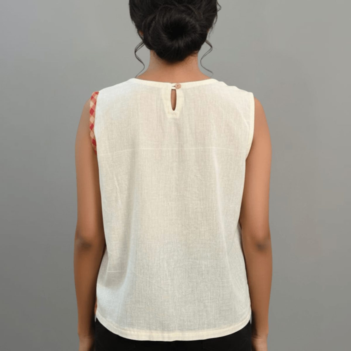 Unbleached Cotton & Gamcha Sleeveless Top — Hand - Painted Charulata – Womens Top on Brown Living™. SKU: ASMC. Img 4.