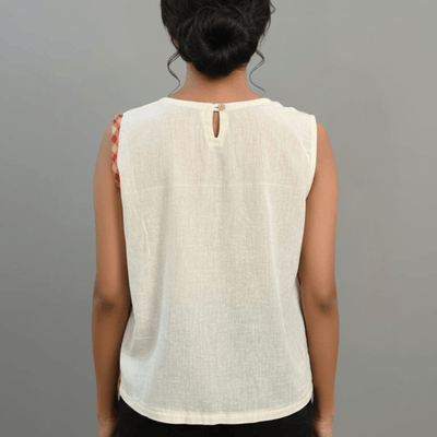 Unbleached Cotton & Gamcha Sleeveless Top — Hand - Painted Charulata – Womens Top on Brown Living™. SKU: ASMC. Img 4.