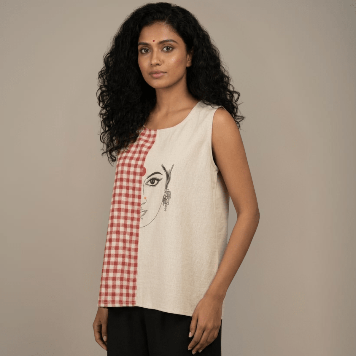Unbleached Cotton & Gamcha Top | Hand - Painted Devi – Womens Top on Brown Living™. SKU: ASMDM. Img 2.