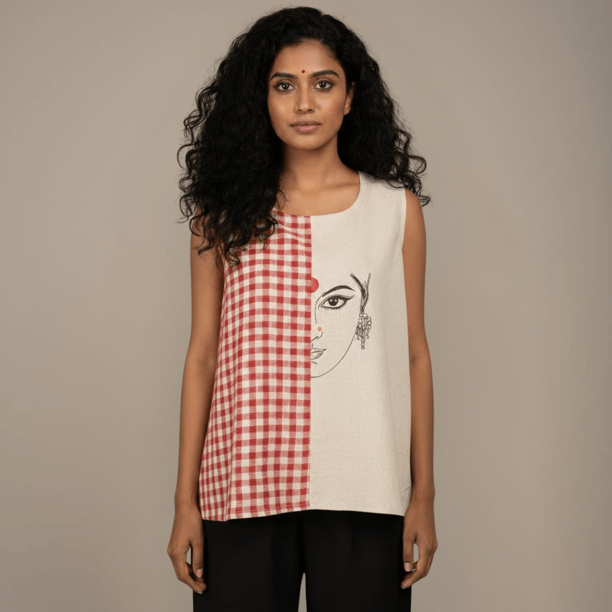 Unbleached Cotton & Gamcha Top | Hand - Painted Devi – Womens Top on Brown Living™. SKU: ASMDM. Img 1.