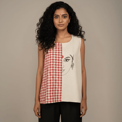 Unbleached Cotton & Gamcha Top | Hand - Painted Devi – Womens Top on Brown Living™. SKU: ASMDM. Img 1.