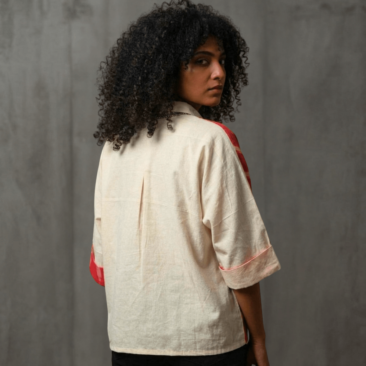 Unbleached Cotton Ikat Anti - Fit Shirt with Embroidered Cat – Womens Top on Brown Living™. SKU: AS-MCI-EC. Img 4.