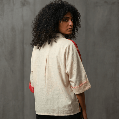 Unbleached Cotton Ikat Anti - Fit Shirt with Embroidered Cat – Womens Top on Brown Living™. SKU: AS-MCI-EC. Img 4.