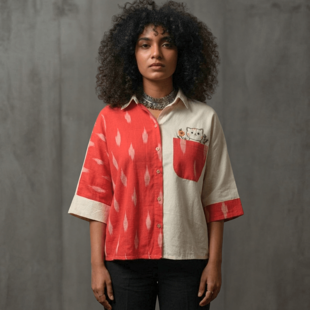 Unbleached Cotton Ikat Anti - Fit Shirt with Embroidered Cat – Womens Top on Brown Living™. SKU: AS-MCI-EC. Img 1.