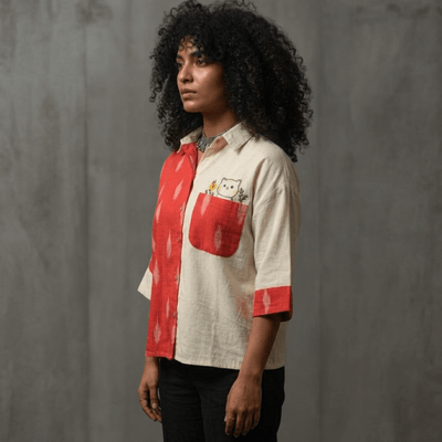 Unbleached Cotton Ikat Anti - Fit Shirt with Embroidered Cat – Womens Top on Brown Living™. SKU: AS-MCI-EC. Img 2.