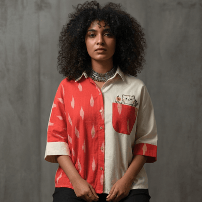 Unbleached Cotton Ikat Anti - Fit Shirt with Embroidered Cat – Womens Top on Brown Living™. SKU: AS-MCI-EC. Img 3.