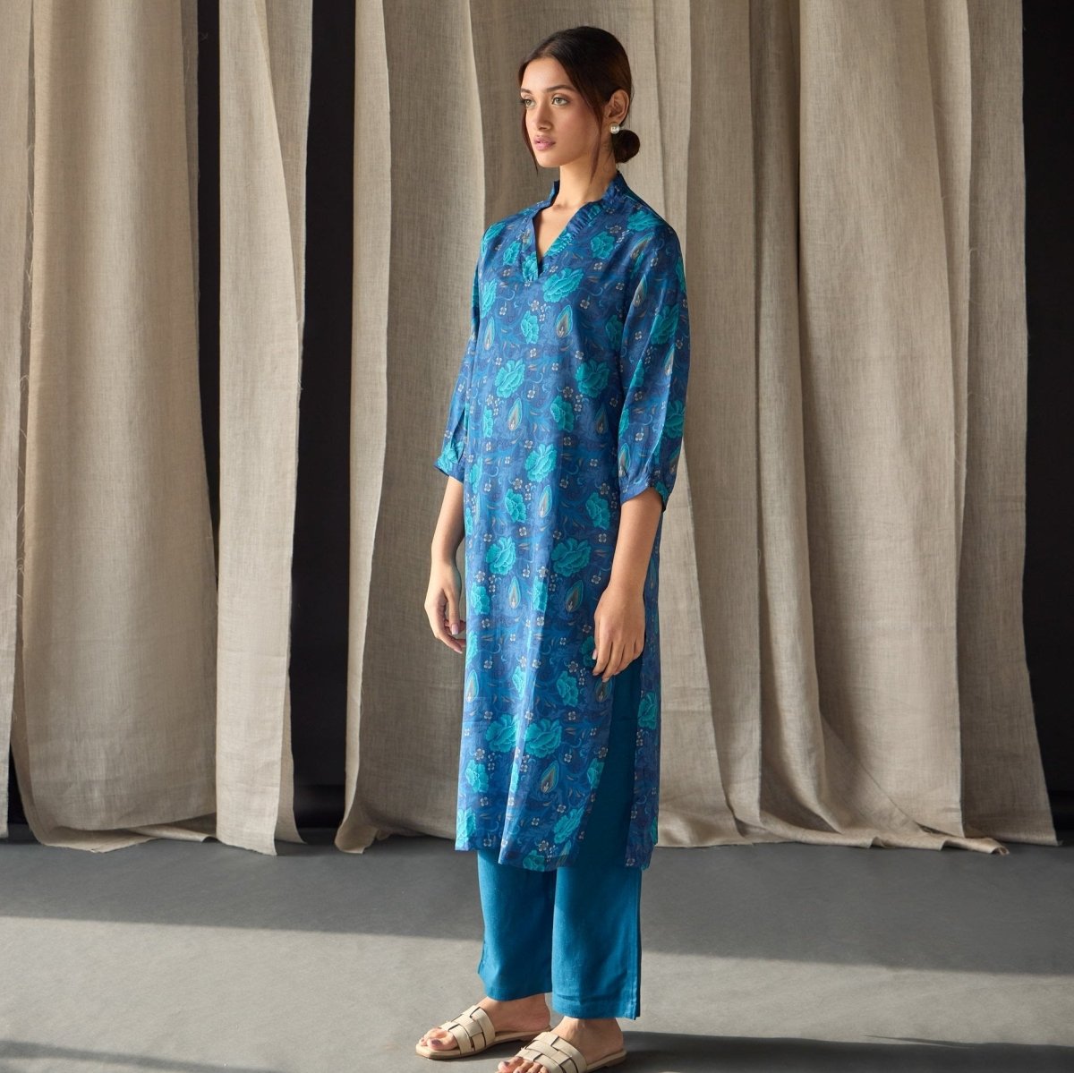 Under - Water Blue Floral Tencel Kurta | Verified Sustainable by Brown Living™