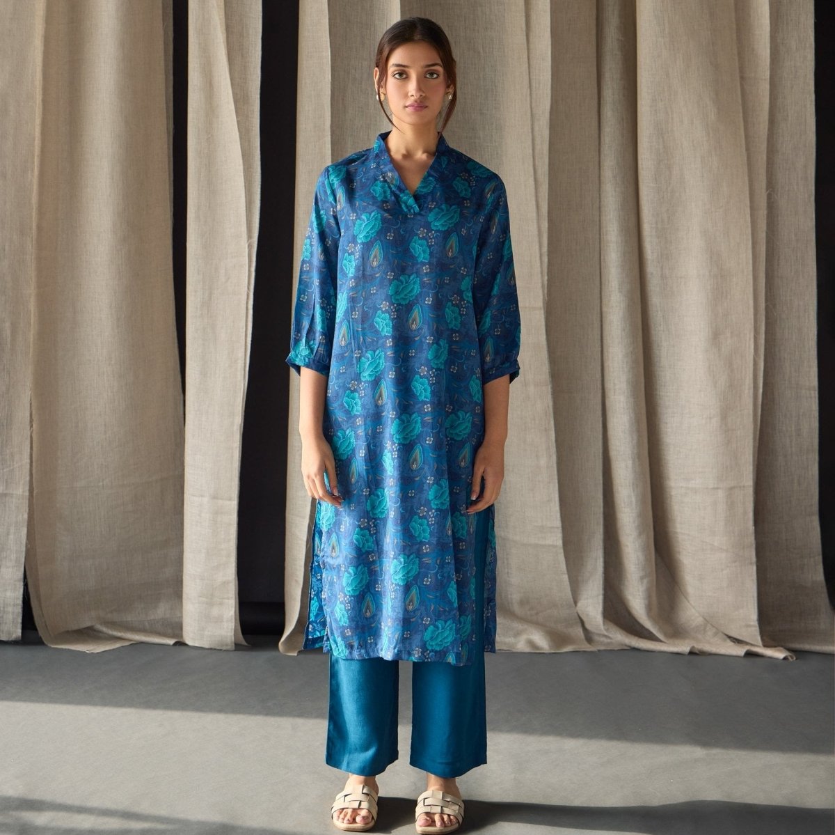 Under - Water Blue Floral Tencel Kurta | Verified Sustainable by Brown Living™