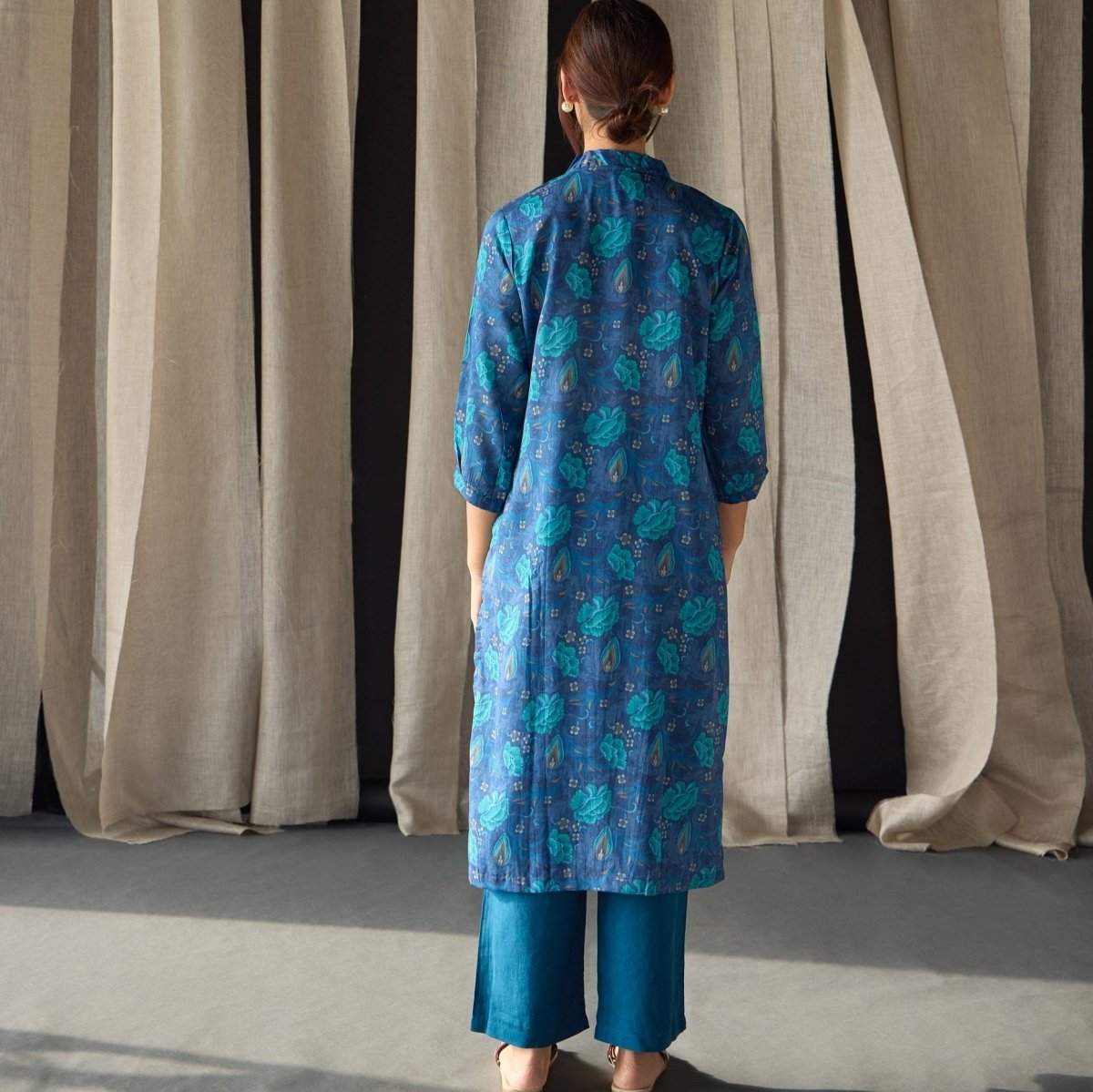 Under - Water Blue Floral Tencel Kurta | Verified Sustainable by Brown Living™