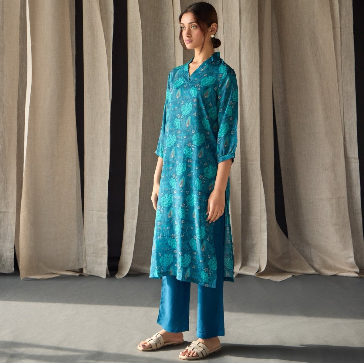 Under - Water Teal Floral Tencel Kurta | Verified Sustainable by Brown Living™