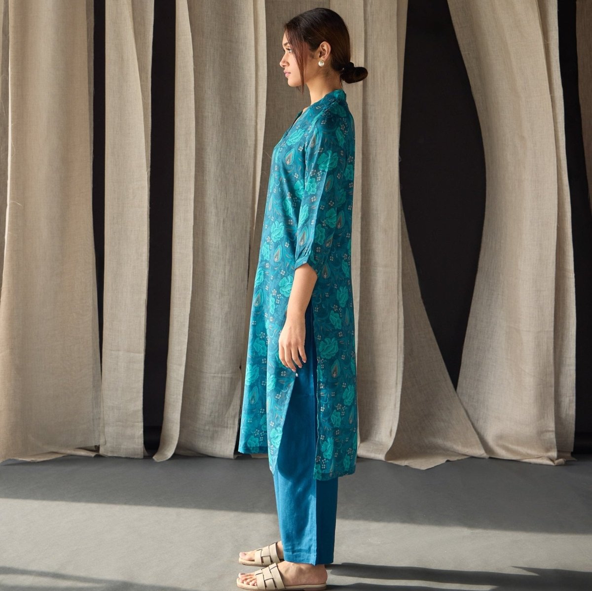 Under - Water Teal Floral Tencel Kurta | Verified Sustainable by Brown Living™