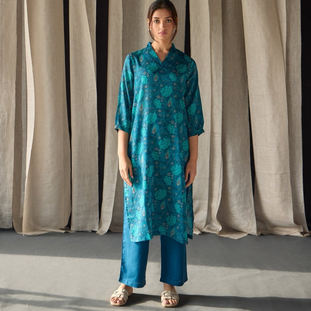 Under - Water Teal Floral Tencel Kurta | Verified Sustainable by Brown Living™