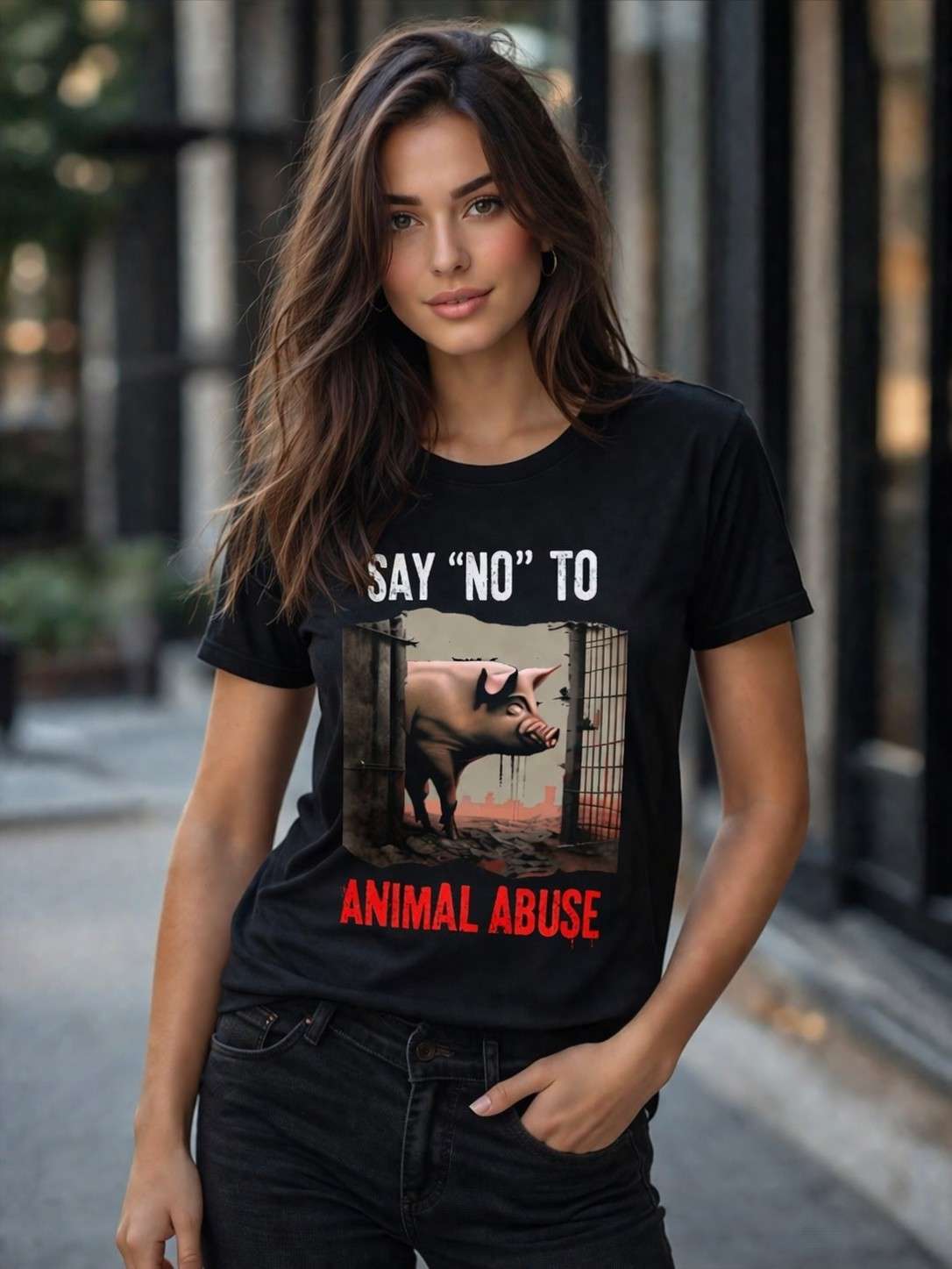 Unisex Cotton T-Shirt | Ethical Vegan Graphic Tee – Mens T-Shirt on Brown Living™. SKU: N-say-no-to-animal-abuse-Black-S. Img 2.