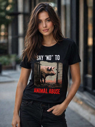 Unisex Cotton T-Shirt | Ethical Vegan Graphic Tee – Mens T-Shirt on Brown Living™. SKU: N-say-no-to-animal-abuse-Black-S. Img 2.