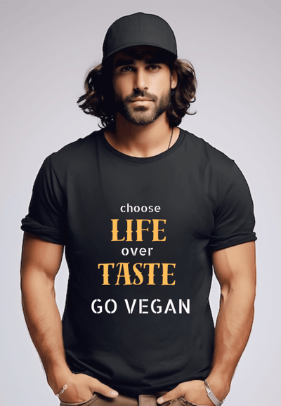 Unisex Cotton T-Shirt | Relaxed Fit Vegan Graphic Tee – Mens T-Shirt on Brown Living™. SKU: tasteBlackMSWS. Img 1.