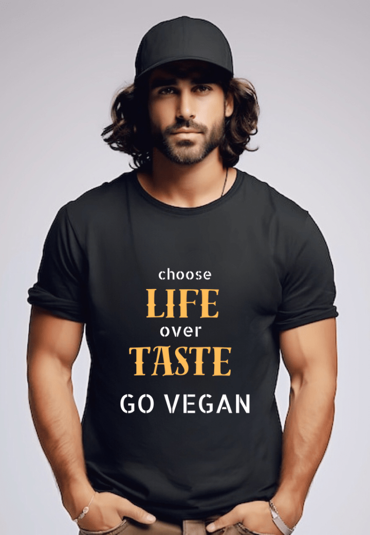 Unisex Cotton T-Shirt | Relaxed Fit Vegan Graphic Tee – Mens T-Shirt on Brown Living™. SKU: tasteBlackMSWS. Img 1.