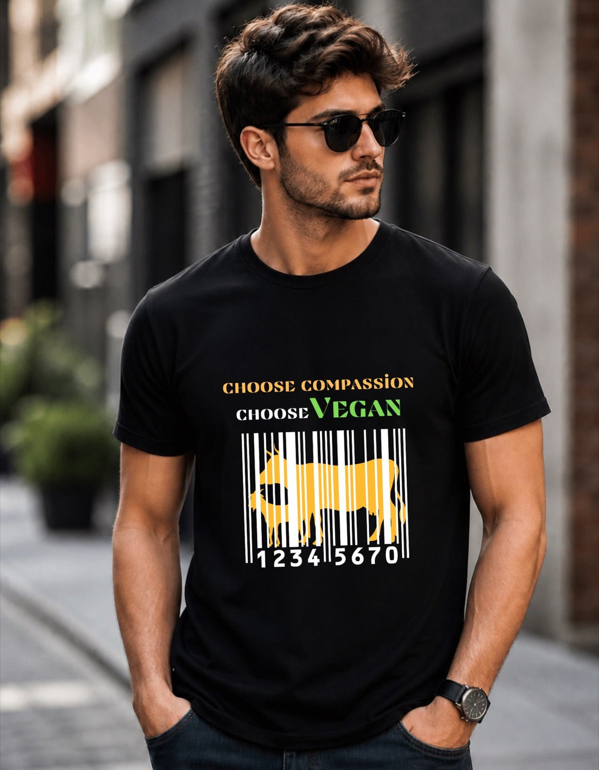 Unisex Cotton T-Shirt with Vegan Barcode Graphic – Mens T-Shirt on Brown Living™. SKU: chooseCompBlackUSWS. Img 1.