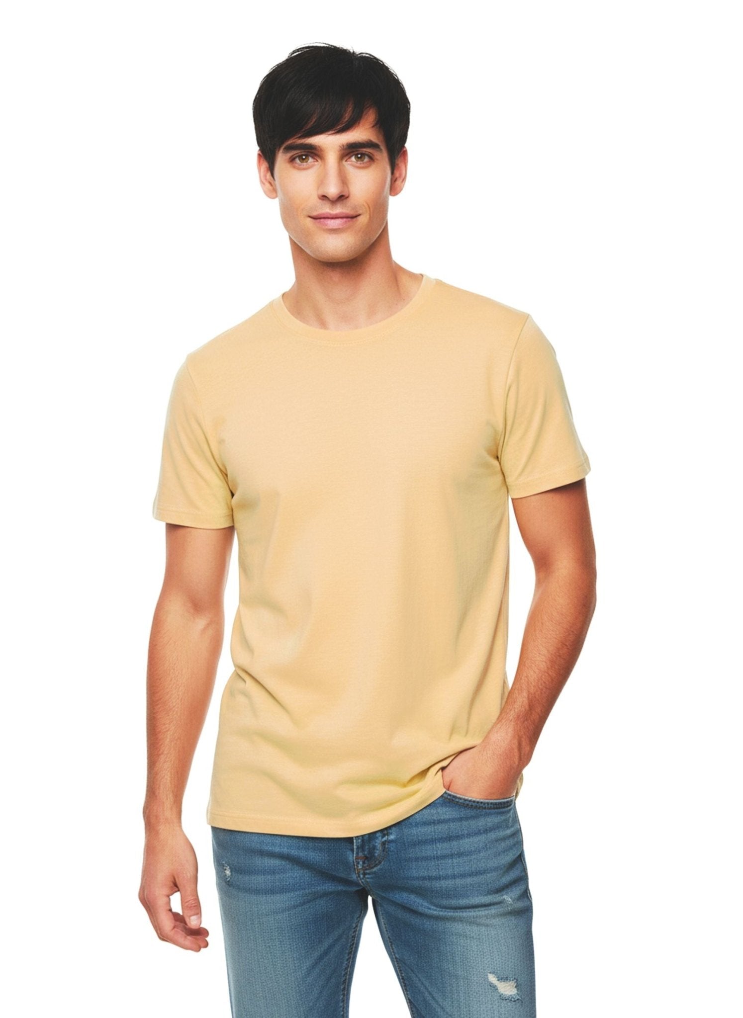 Unisex Natural Dye Solid Tee Harvest Yellow Cotton T-Shirt – Mens T-Shirt on Brown Living™. SKU: UTP-N25101-S-HRYL. Img 6.