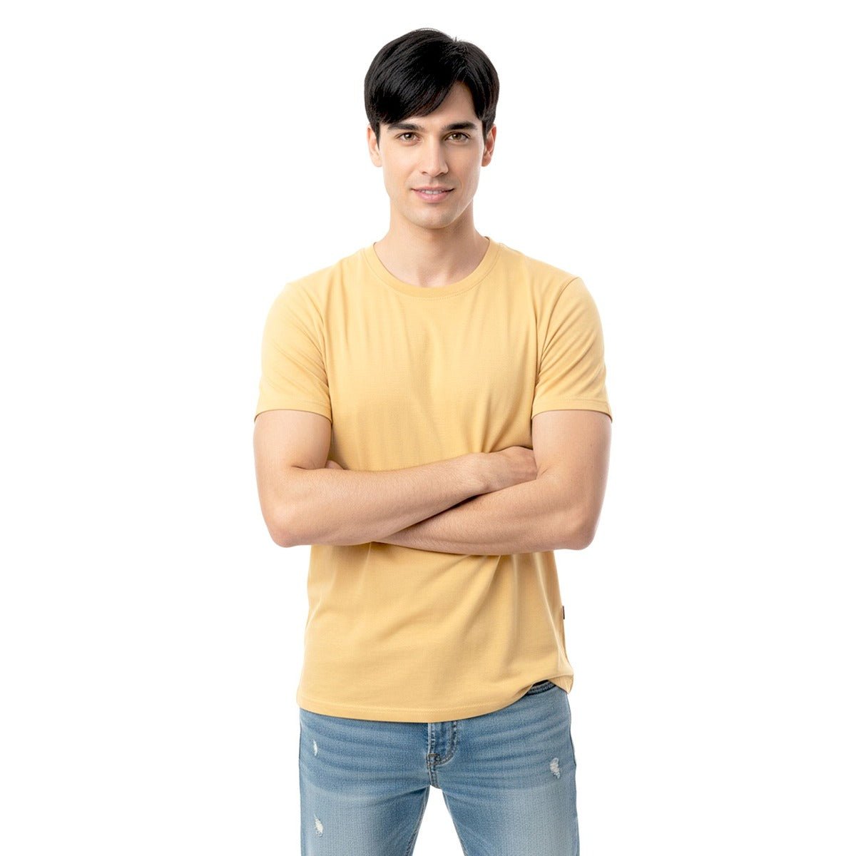 Unisex Natural Dye Solid Tee Harvest Yellow Cotton T-Shirt – Womens T-Shirt on Brown Living™. SKU: UTP-N25101-S-HRYL. Img 9.