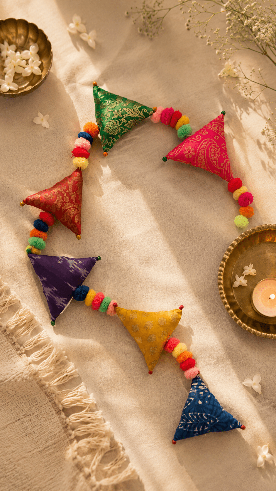 Upcycled Boho Triangles Festive Decoration String – Wall Decor on Brown Living™. SKU: UMW-TRIANGLE-STRING-01. Img 1.