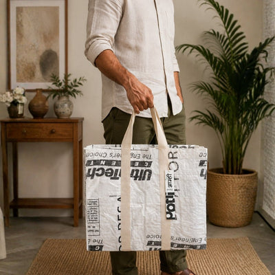 Upcycled Cement Tote Bag | Recycled Cement Sack Tote – Tote Bag on Brown Living™. SKU: MARKETBAGWHI. Img 5.