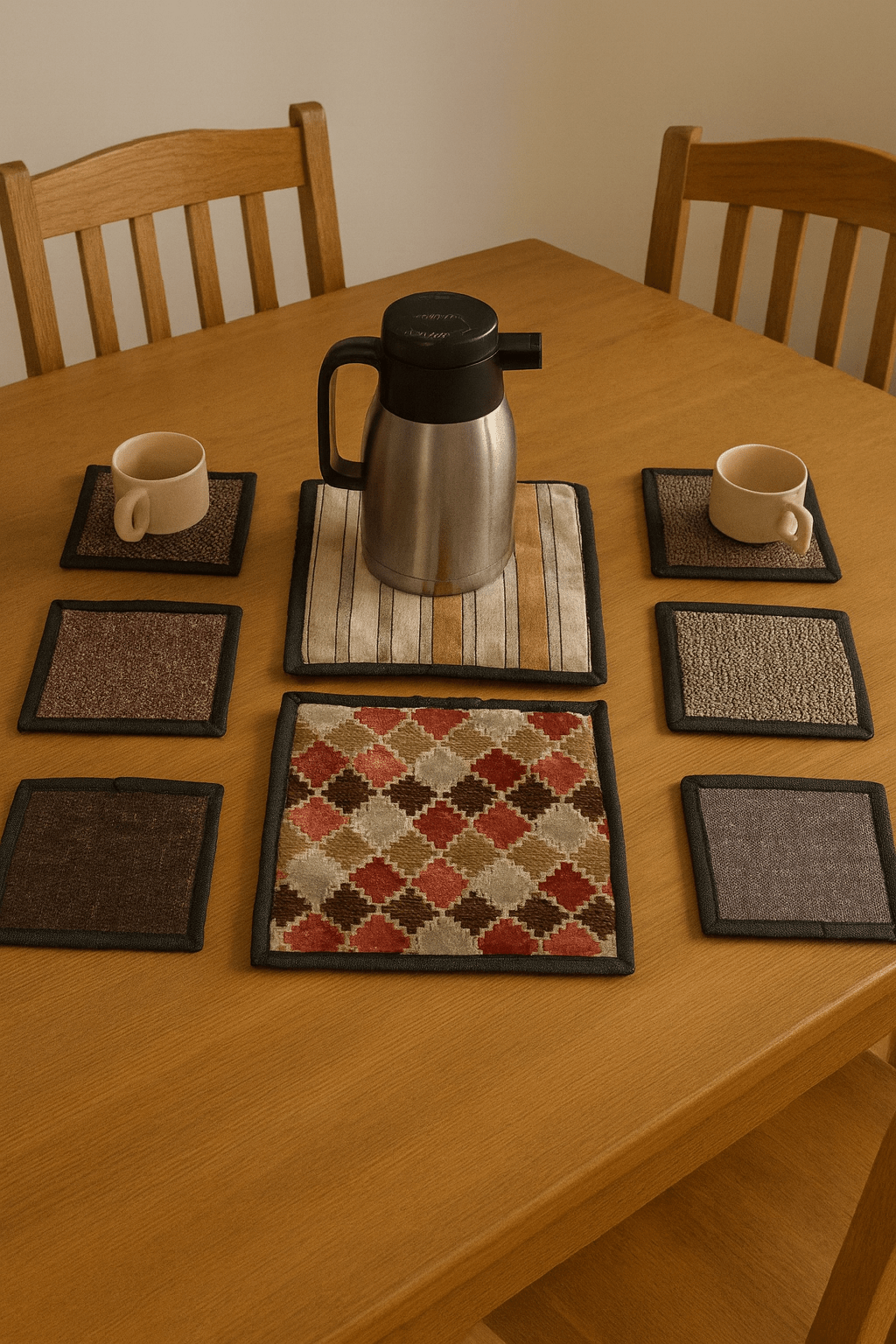 Upcycled Cloth Handwoven Coasters – Set of 8 | Natural Table Essential – Coasters on Brown Living™. SKU: BL-IA-D2_Design2. Img 1.