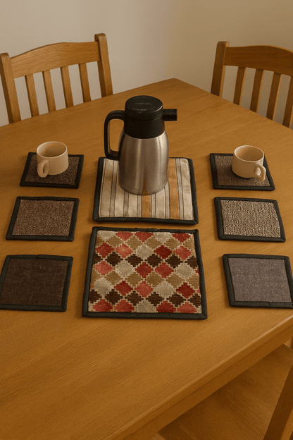 Upcycled Cloth Handwoven Coasters – Set of 8 | Natural Table Essential – Coasters on Brown Living™. SKU: BL-IA-D2_Design2. Img 1.