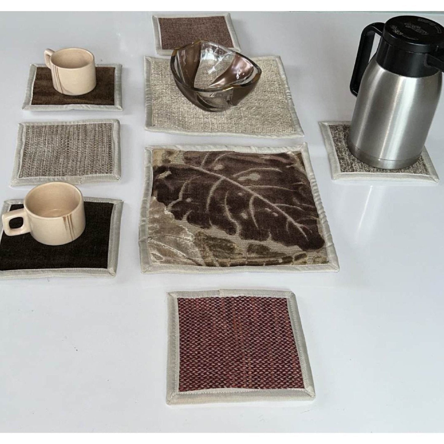 Upcycled Cloth Handwoven Coasters – Set of 8 | Natural Table Essential – Coasters on Brown Living™. SKU: BL-IA-D4_Design4. Img 4.