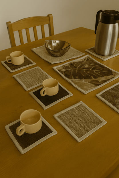 Upcycled Cloth Handwoven Coasters – Set of 8 | Natural Table Essential – Coasters on Brown Living™. SKU: BL-IA-D5_Design5. Img 2.