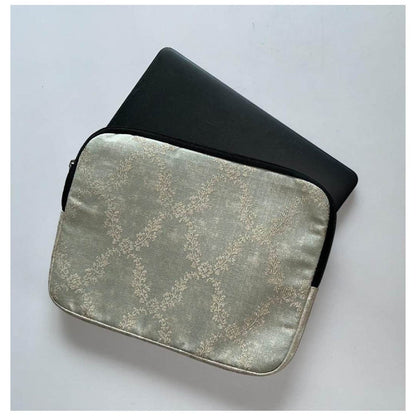 Upcycled Cloth & PU Leather Laptop Sleeve – 13 Inch |Handcrafted Cover – Laptop Sleeve on Brown Living™. SKU: BLIAGR_Beige_. Img 4.