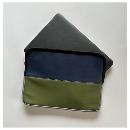Upcycled Cloth & PU Leather Laptop Sleeve – 13 Inch |Handcrafted Cover – Laptop Sleeve on Brown Living™. SKU: BLIAGR_Olive. Img 1.
