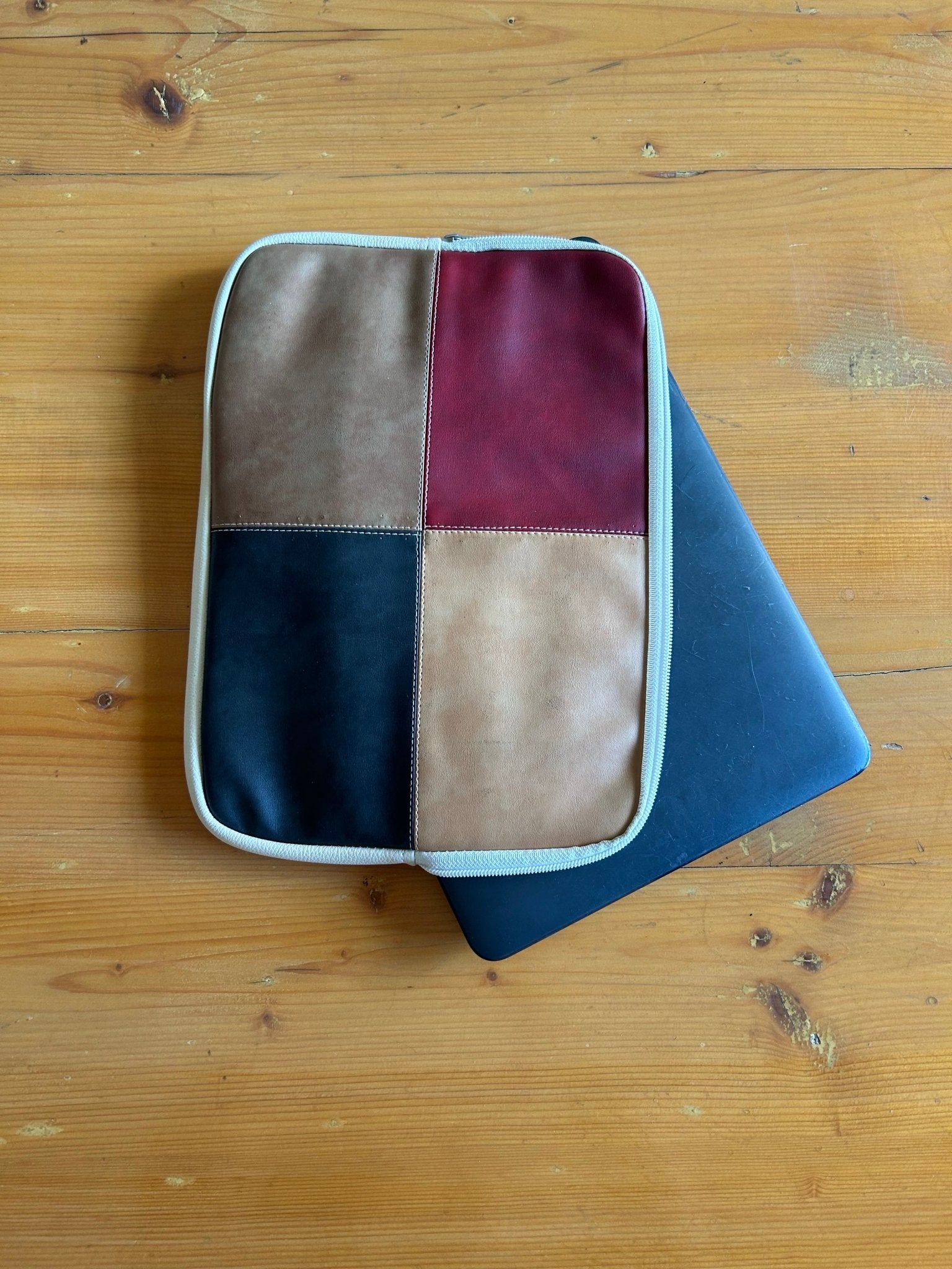 Upcycled Cloth & PU Leather Laptop Sleeve – 13 Inch |Handcrafted Cover – Laptop Sleeve on Brown Living™. SKU: BLIAGR_Patchwork. Img 4.
