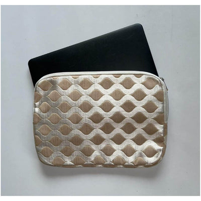 Upcycled Cloth & PU Leather Laptop Sleeve – 13 Inch |Handcrafted Cover – Laptop Sleeve on Brown Living™. SKU: BLIAGR_Peach. Img 2.