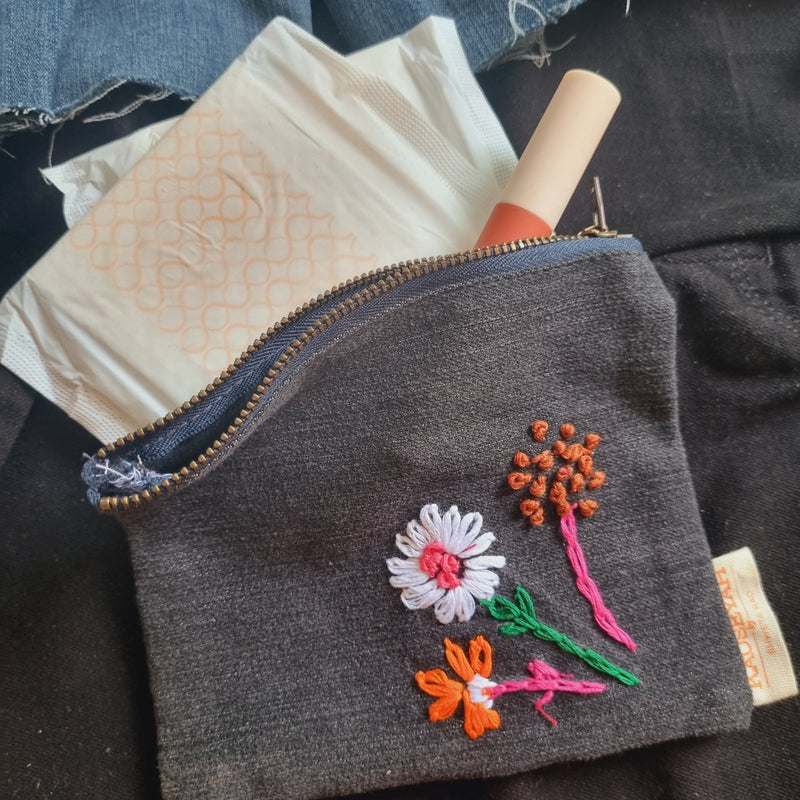 Upcycled Denim Pocket | Hand Embroidered | Verified Sustainable Travel Organiser on Brown Living™