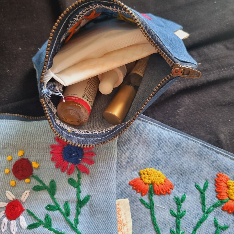 Upcycled Denim Pocket | Hand Embroidered Set of 3 | Verified Sustainable Travel Organiser on Brown Living™