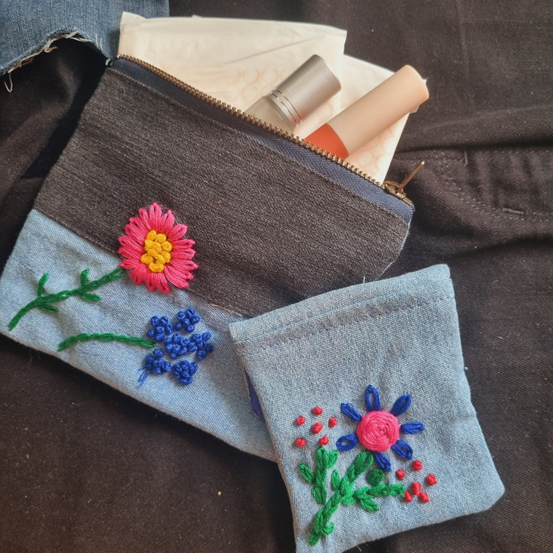 Upcycled Denim Tote Pouch with Hand Embroidery Combo | Verified Sustainable Travel Organiser on Brown Living™