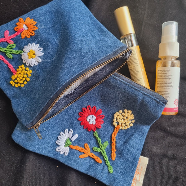 Upcycled Denim Tote Pouch with Hand Embroidery Combo | Verified Sustainable Travel Organiser on Brown Living™
