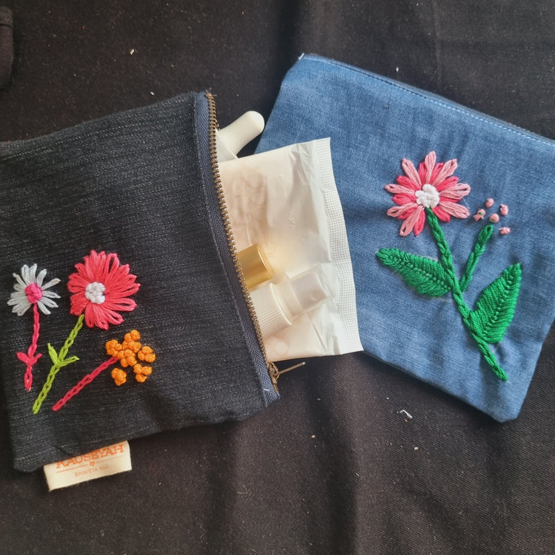 Upcycled Denim Tote Pouch with Hand Embroidery Combo | Verified Sustainable by Brown Living™